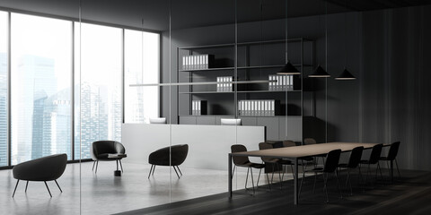 Dark reception interior and desk with computers and shelf, table with chairs