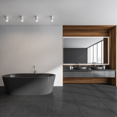Fototapeta na wymiar Dark bathroom interior with empty white wall, two sinks, mirror