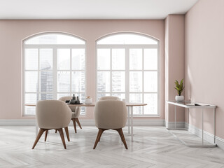 Pink and wooden dining room interior with dishes, coffee table and window