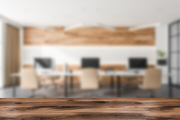 Front view on bright office room interior with panoramic window