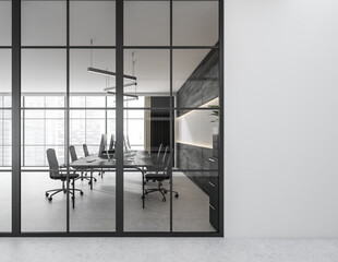 Front view on dark office room interior with panoramic window