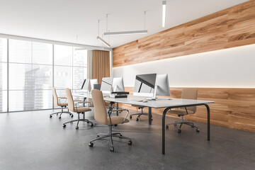 Corner view on bright office room interior with panoramic window