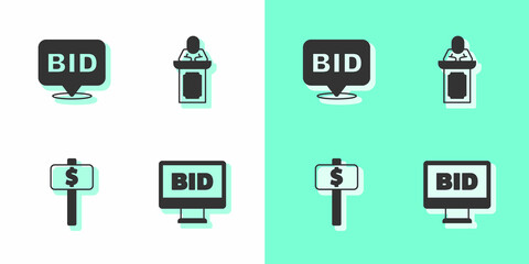 Set Online auction, Bid, Hand holding paddle and Auction auctioneer sells icon. Vector