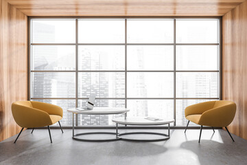 Bright office interior with panoramic window with Singapore city view