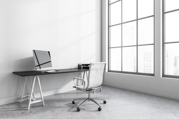 White business room interior with seat and table with pc near window, mockup