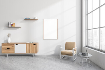 Empty mock up canvas in white living room with beige armchair
