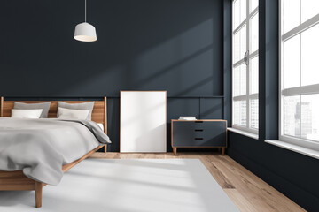 Dark blue bedroom interior with bed, linens and window, mockup poster