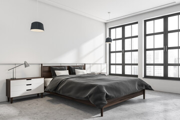 Modern white and grey bedroom. Corner view.