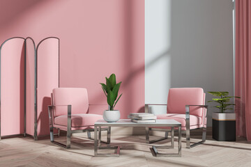 Pink waiting room interior with armchairs and coffee table with decoration