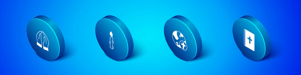 Set Isometric Hands in praying position, Christian cross with globe, Holy bible book and Burning candle icon. Vector