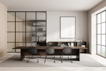 Bright office room interior with empty white poster, panoramic window