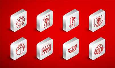 Set line Earth with medical mask, Clipboard blood test results, High human body temperature, Virus statistics on monitor, Medical protective, Bar of soap and icon. Vector