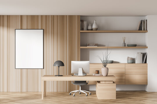 Light business manager room interior with furniture and computer. Mockup poster