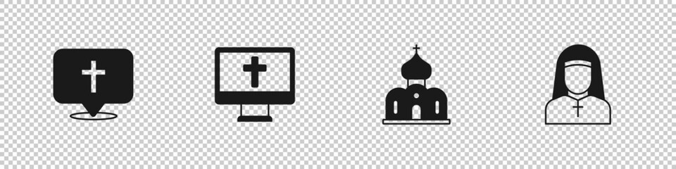 Set Location church building, Christian cross monitor, Church and Nun icon. Vector