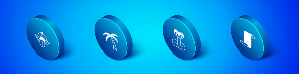 Set Isometric Egyptian Scarab, Snake, Papyrus scroll and Tropical palm tree icon. Vector