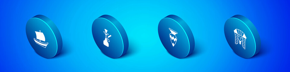 Set Isometric Egyptian ship, vase, pharaoh and Hookah icon. Vector