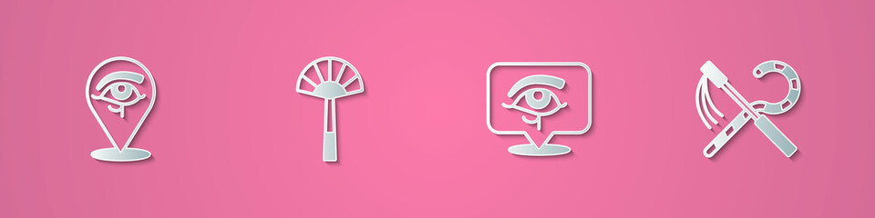 Set paper cut Eye of Horus, Egyptian fan, and Crook and flail icon. Paper art style. Vector