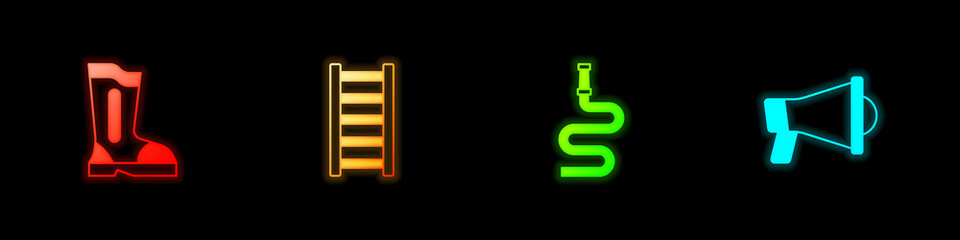 Set Fire boots, escape, hose reel and Megaphone icon. Vector
