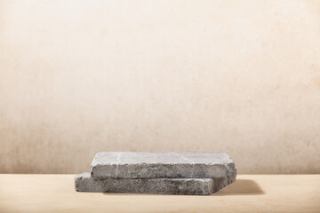 Stone podium for packaging and cosmetic presentation. Monochrome beige template for mockup, banner