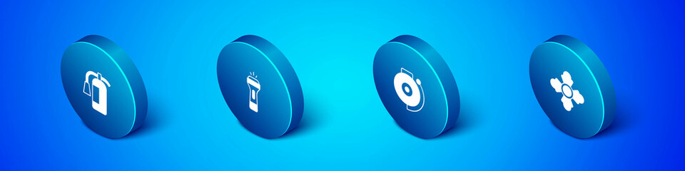 Set Isometric Fire extinguisher, Ringing alarm bell, Firefighter and Flashlight icon. Vector