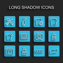Set line Calendar with tooth, Mouthwash bottle, Dental inspection mirror, Dentures model, Toothpaste, clinic location, and First aid kit icon. Vector