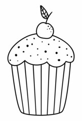Vector black and white Easter cake with cherry on top illustration. Traditional Christian symbol and design element. Cute Holiday pastry line icon or coloring page.