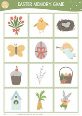 Vector Easter memory game cards with traditional holiday symbols. Matching activity with cute characters. Remember and find correct card. Simple spring printable worksheet for kids. .