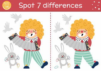 Circus find differences game for children. Educational activity with clown playing harmonica. Amusement show puzzle for kids with funny artist. Festival printable worksheet or page.
