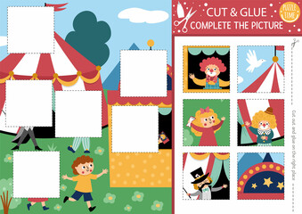 Vector circus cut and glue activity. Amusement show crafting game. Cute scene with marquee, clown, children, tickets. Find the right piece of the puzzle. Complete the picture printable page. © Lexi Claus