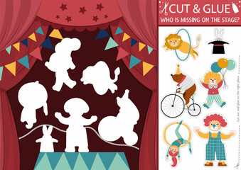 Vector circus cut and glue activity. Amusement show crafting game. Cute scene with clown and animal artists on the stage. Find the right piece of the puzzle. Complete the picture printable page. © Lexi Claus