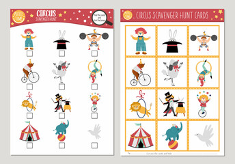 Vector circus scavenger hunt cards set. Seek and find game with cute clown, marquee, stage performers for kids. Amusement show searching activity. Simple educational printable worksheet. © Lexi Claus