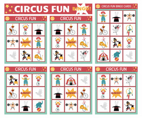 Vector circus bingo cards set. Fun family lotto board game with cute clown, marquee, stage performers for kids. Amusement show lottery activity. Simple educational printable worksheet..