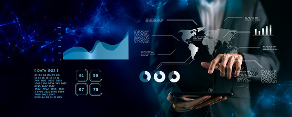 Business man with tablet mobile phone futuristic interface stat data analytic graph chart coin crypto currency trading background, finance global business data technology