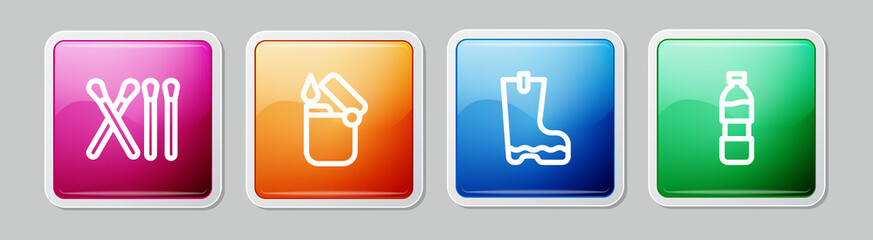 Set line Match stick, Lighter, Waterproof rubber boot and Bottle water. Colorful square button. Vector