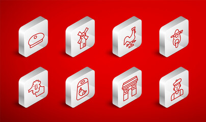 Set line French man, Windmill, Rooster weather vane, Scooter, Triumphal Arch, beret, Croissant package and Poodle dog icon. Vector