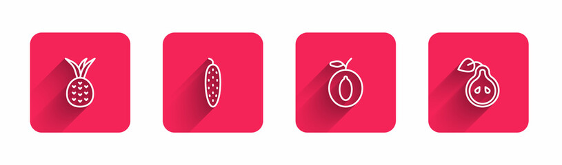 Set line Pineapple, Cucumber, Plum fruit and Pear with long shadow. Red square button. Vector