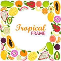Tropical Hawaiian round frame with exotic fruits and leaves.Template design.