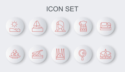 Set line Crown of spain, Olives on plate, Spanish woman, Omelette frying, Beach, Yacht sailboat, jamon and Sagrada Familia icon. Vector