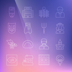 Set line Dumplings on fork, Church building, Ukrainian woman, Wicker fence, Cossack pants, trident, cossack and Garden pitchfork icon. Vector