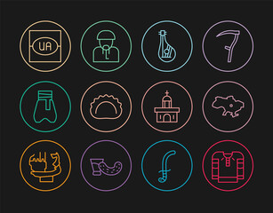 Set line Embroidered shirt, Map of Ukraine, Bandura, Dumplings, Cossack pants, Flag, Church building and Ukrainian cossack icon. Vector