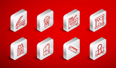 Set line Binder clip, Coffee cup to go, Copy machine, 3D printer, Ruler, Scanner, Printer ink bottle and Paper shopping bag icon. Vector