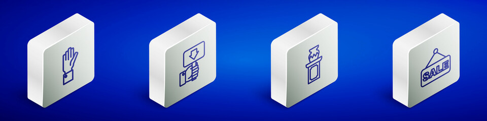 Set Isometric line Hand holding auction, paddle, Auction ancient vase and Price tag with Sale icon. Vector