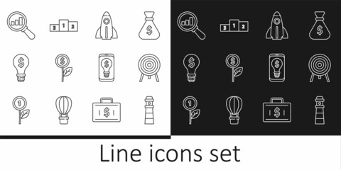Set line Lighthouse, Target, Startup project concept, Dollar plant, bulb with dollar, Magnifying glass and analysis, mobile and Business podium icon. Vector