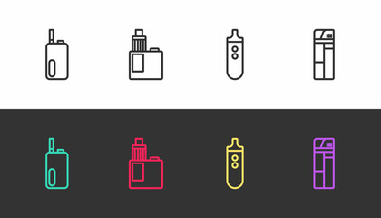 Set line Electronic cigarette, Vape mod device, and Lighter on black and white. Vector