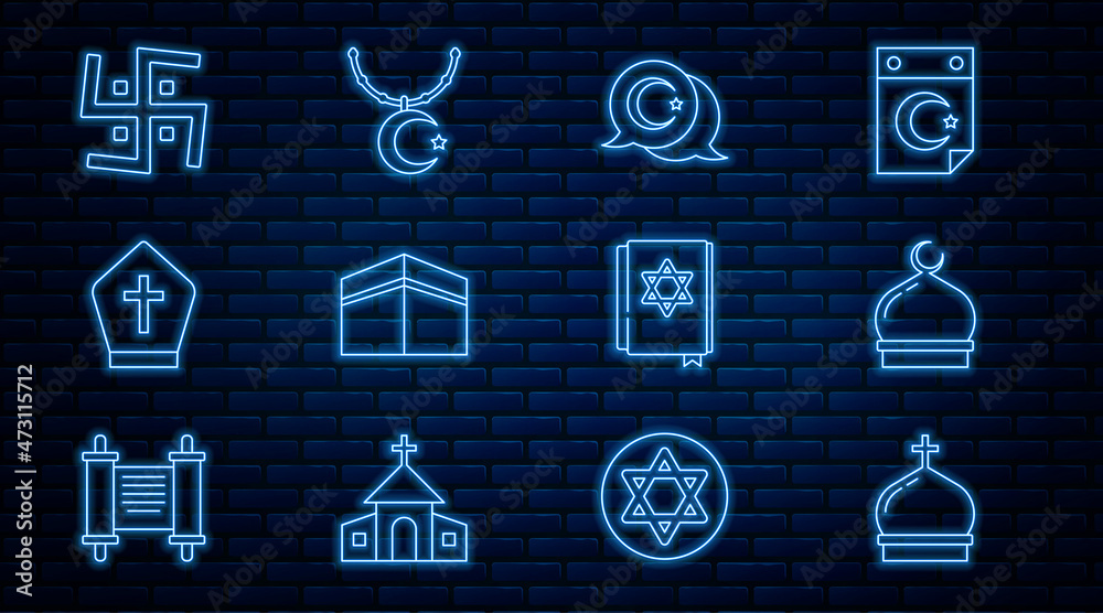 Canvas Prints Set line Church tower, Muslim Mosque, Star and crescent, Kaaba mosque, Pope hat, Hindu swastika, Jewish torah book and on chain icon. Vector