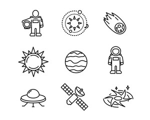 Icon set of flat space symbols. Pictogram for web. Line stroke. Isolated discovery icons on white background. Vector eps10. Space rover and same