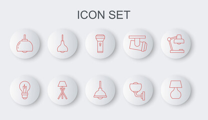 Set line Table lamp, Light bulb, Flashlight, Wall or sconce, Chandelier, Lamp hanging, Floor and icon. Vector