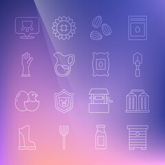 Set line Hive for bees, Granary, Shovel, Seeds, Jug glass with milk, Rubber gloves, Udder and Pack full of seeds of plant icon. Vector