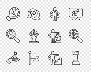 Set line Mountains with flag, Chess, Head hunting, Flag, Hand holding Earth globe, Target, Stair finish and magnifying glass icon. Vector