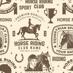 Fototapeta na wymiar Set of Horse riding sport club seamless pattern. Vector illustration. Vintage monochrome equestrian background with rider and horse silhouettes. Horseback riding sport. Concept for pattern background